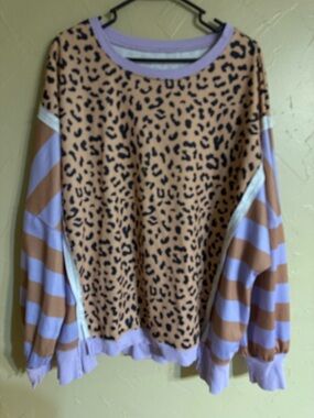 Crewneck Leopard & Stripe Mixed-Print Sweater in Tan and Lavender